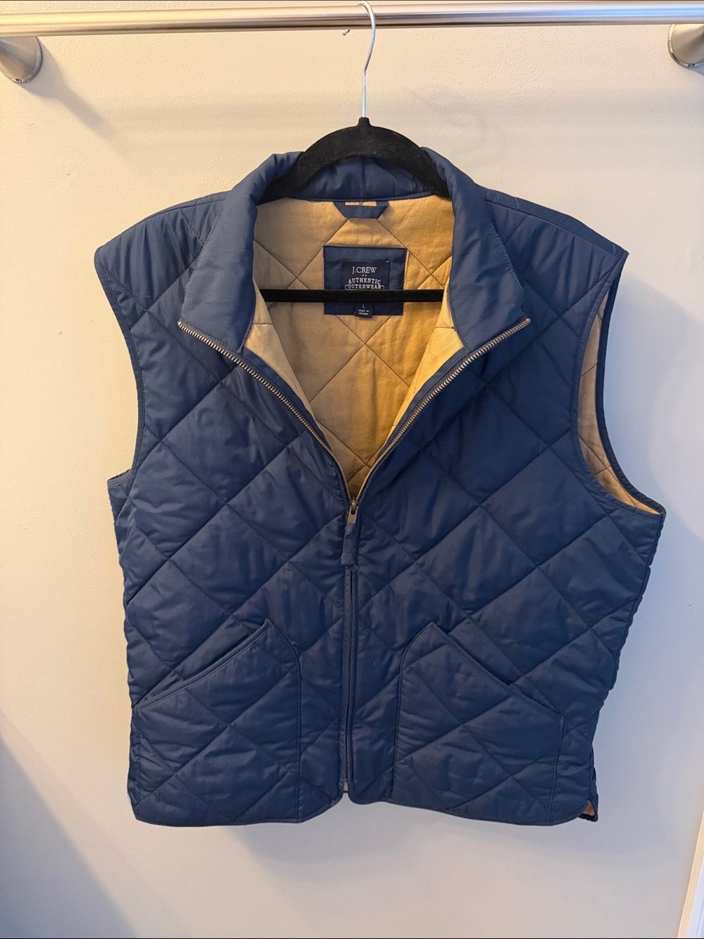 J. Crew Quilted Navy Vest with Tan Lining